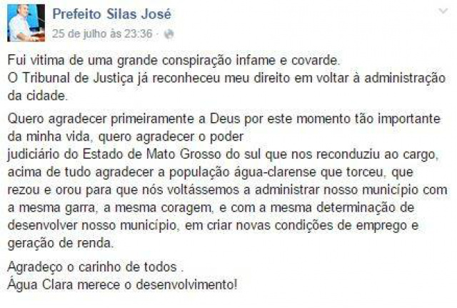 Pronunciamento do prefeito José Silas em sua página do Facebook. (Foto: Reprodução/Facebook). 