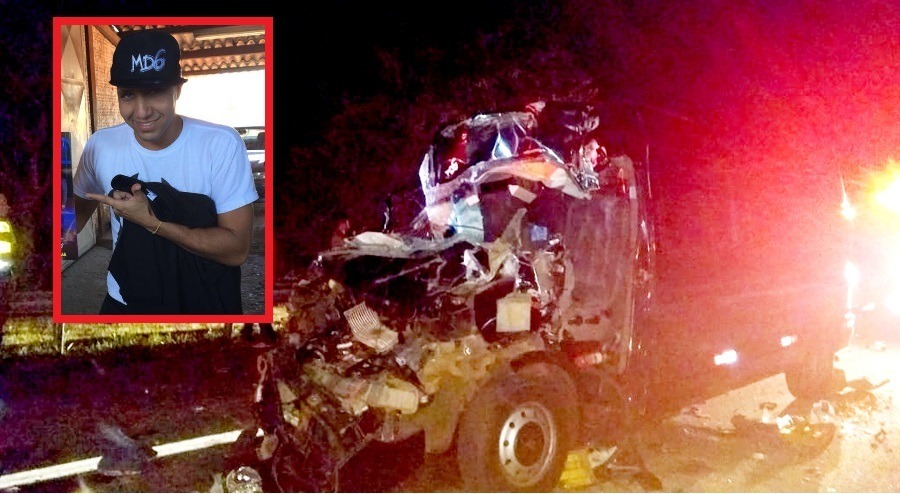 No centro da imagem, Leandro Alves de Oliveira, vítima fatal; van ficou destruída. (Fotos: Reprodução/Rede Social). 