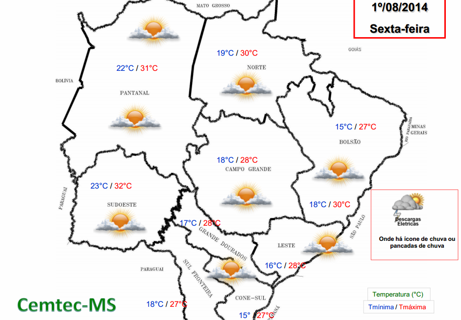 Mapa de MS com as previsões de temperaturas para as regiões, conforme o Inmet (Foto: Divulgação Cemtec)