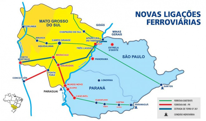 Mapa dos novos traçados de linhas ferroviárias em Mato Grosso do Sul