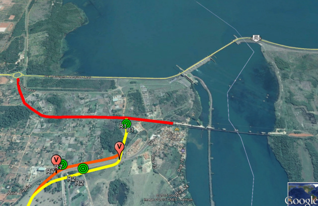 Na imagem destacada em vermelho pode observar o trajeto que interligará a BR 262, (através da rotatória de acesso ao aterro da usina de Jupiá) à ponte que deverá estar em operação até o final de junho deste ano (Reprodução)