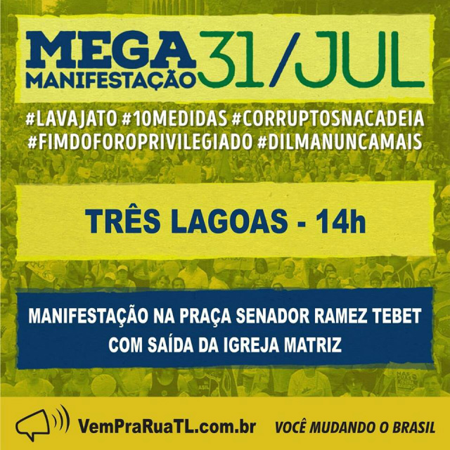 Em Três Lagoas a concentração será na Praça Senador Ramez Tebet, no dia 31/07. (Foto: Divulgação)