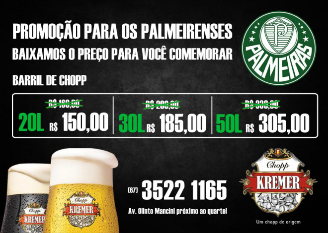 Embalado pela partida final da Copa do Brasil, franquia do Chopp Kremer faz nova promoção, desta vez para os palmeirenses