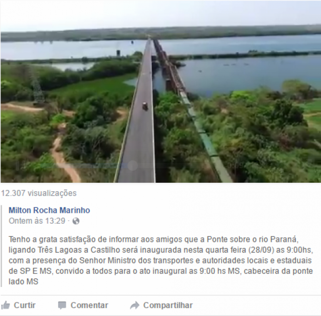 O convite foi feito pelo engenheiro Milton Rocha Marinho, chefe regional do Departamento Nacional de Infraestrutura e Transportes (DNIT) de Três Lagoas. (Foto: Reprodução Facebook)