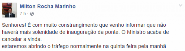 De acordo com Marinho, o tráfego  será aberto na quinta-feira (29), pela manhã. (Foto: Reprodução Facebook)