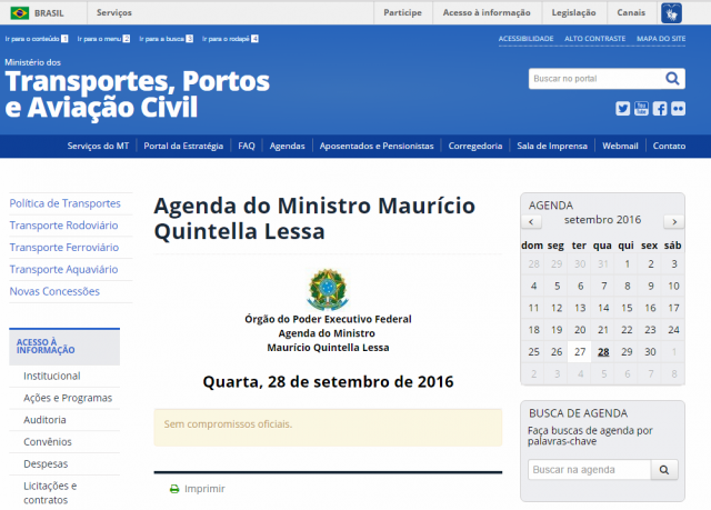 O Ministro dos Transportes, Portos e Aviação Civil, Maurício Quintella Lessa, não possui nenhuma agenda confirmada de acordo com a página oficial do órgão. (Foto: Reprodução Facebook)