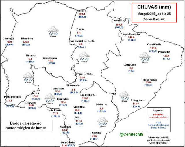 O mapa mostra os valores em chuva no período de 01° a 25 de março de 2015. (Foto: Divulgação) 