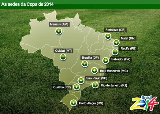 As capitais de doze estados brasileiros que sediarão os jogos da Copa do Mundo 2014 (Foto: Google)