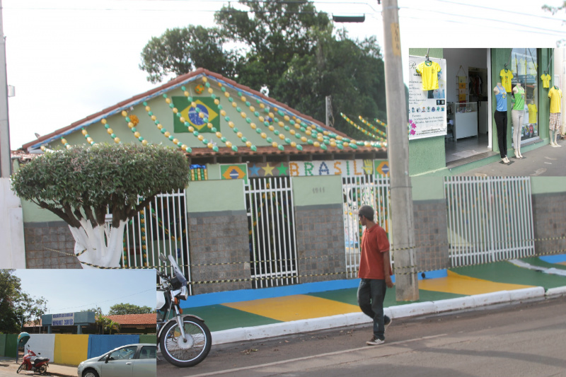 Imóvel localizado na Eloy Chaves, pintado de verde e amarelo; no detalhe em cima, loja que aposta nas vendas durante a Copa e embaixo, à esquerda, escola Fernando Corrêa (Foto; Léo:Lima^)