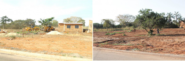 À esquerda, o início da demolição das casas. Ao lado, os terrenos já limpos, onde os funcionários da Prefeitura terminavam os trabalhos, hoje pela manhã (Fotos: Edivelton Kologi)