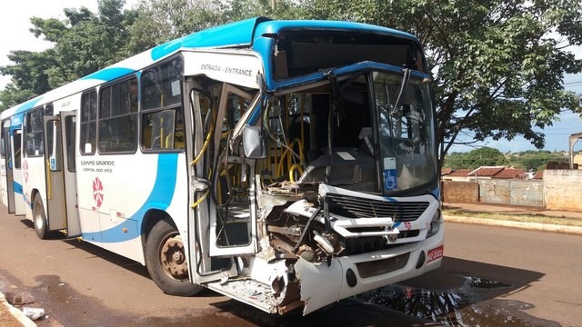 Caminhão de madeireira estava estacionado quando ônibus o atingiu (Foto: Dyego Queiroz/G1 MS)