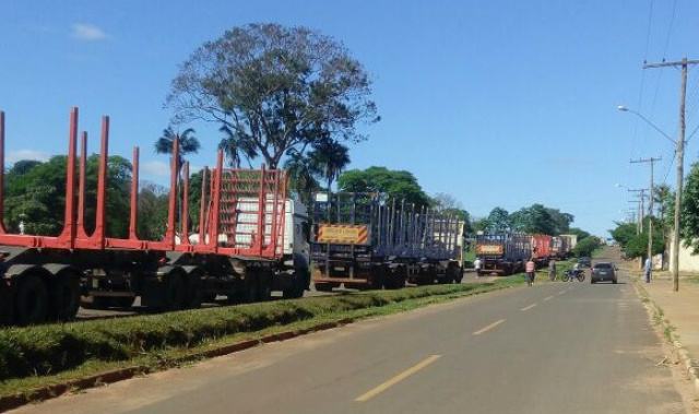 Várias carretas que transportam madeira de eucaliptos para as indústrias de celulose ficaram retidas durante a manifestação (Foto: Divulgação)