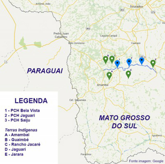 Mapa com a localização das hidrelétricas e das aldeias afetadas: Projeto não considerou indígenas nem sítios arqueológicos (Montagem: MPF/MS)