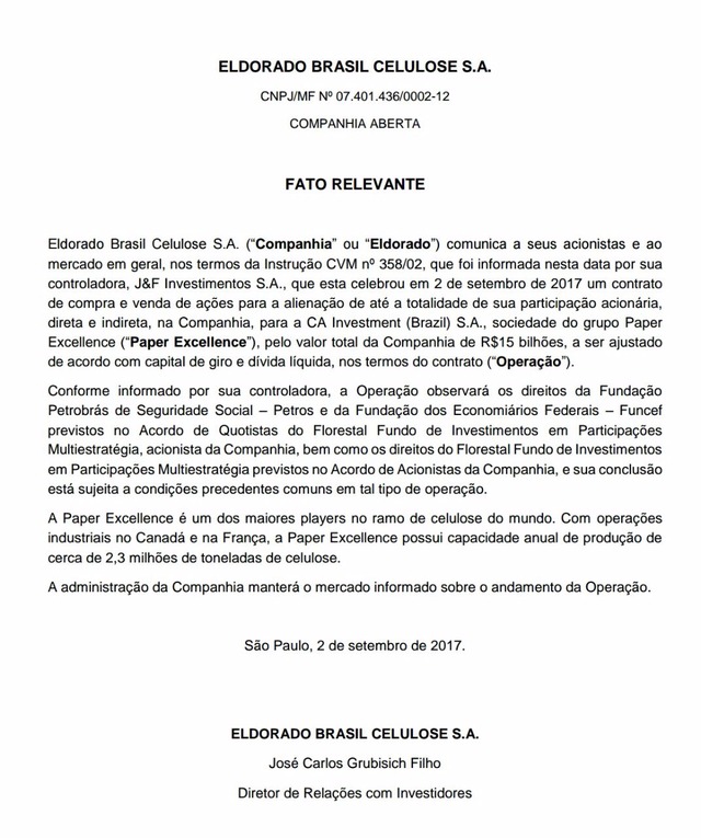 Paper Excellence confirma compra da Eldorado por 15 bilhões de reais