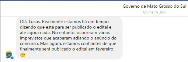 Resposta do Governo de Mato Grosso do Sul sobre o concurso da Polícia Civil. (Imagem: Reprodução/ Facebook).