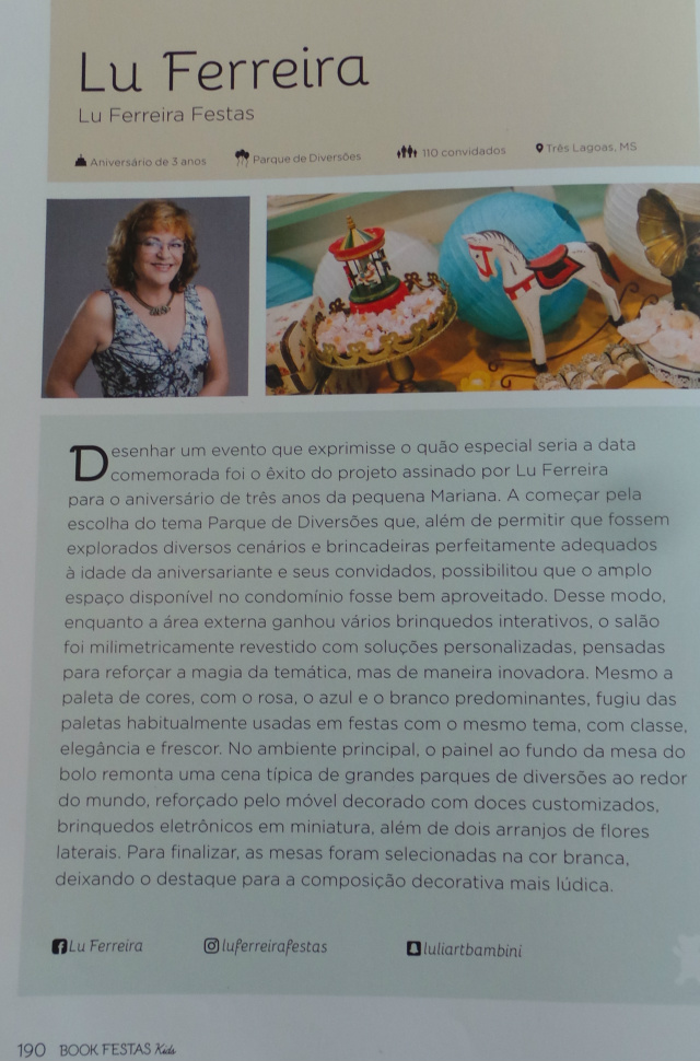 A empresária Lu Ferreira está entre os 40 melhores decoradores de festas no Brasil pelo, conforme publicado na página do Book Festas Kids (Foto: Reprodução)