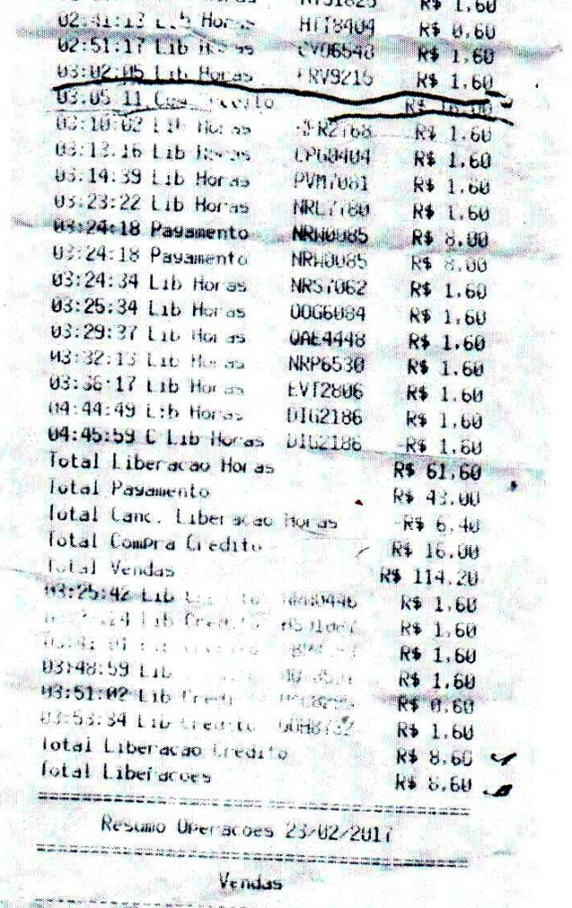 Extrato emitido pela máquina mostra o registro diário de cobrança de estacionamento da monitora Clelia Rodrigues (Foto: Reprodução)