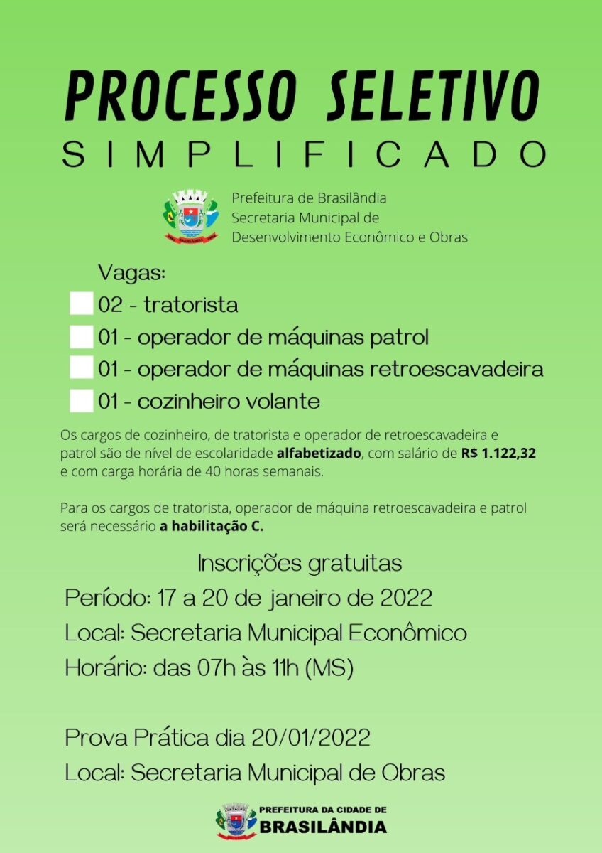 Em Brasilândia, prefeitura abrirá inscrições para Processo Seletivo Simplificado Em Brasilândia, prefeitura abrirá inscrições para Processo Seletivo Simplificado
