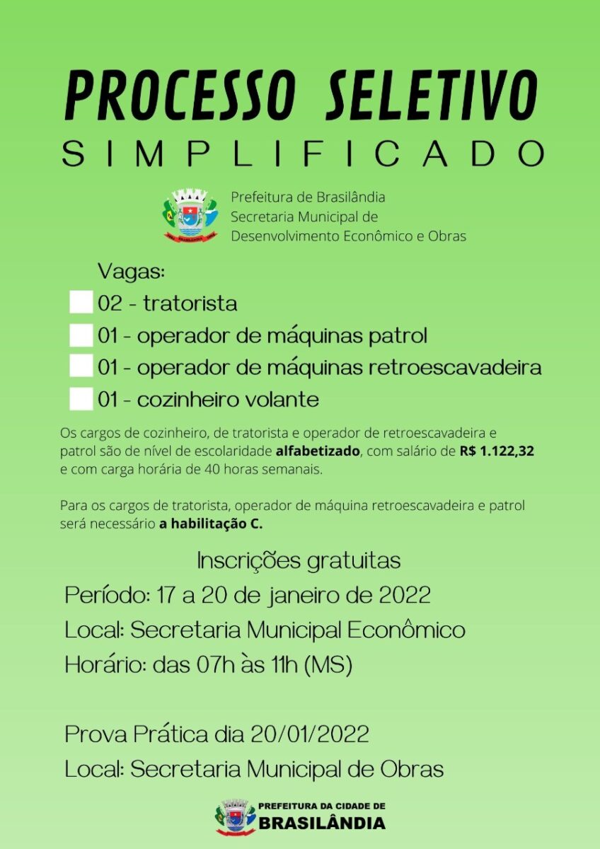 Em Brasilândia, prefeitura abrirá inscrições para Processo Seletivo Simplificado