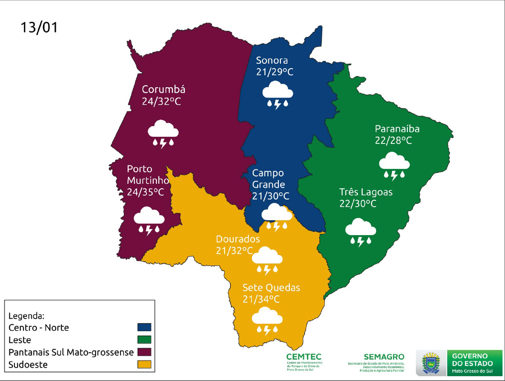 Sol e chuvas de verão devem marcar a quinta-feira em Mato Grosso do Sul