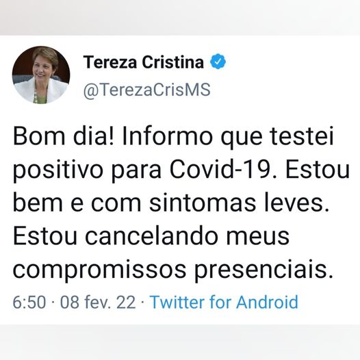 Ministra Tereza Cristina testa positivo para Covid-19 e cancela compromissos