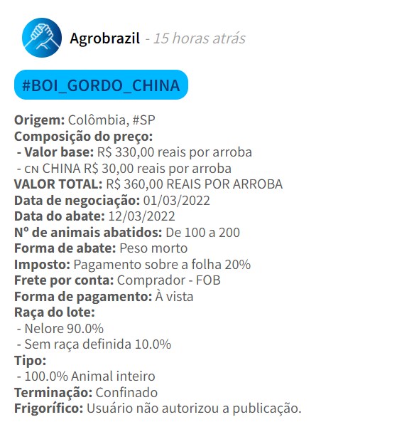 BOI:Arroba bate R$ 360,00/@ e preço vai disparar