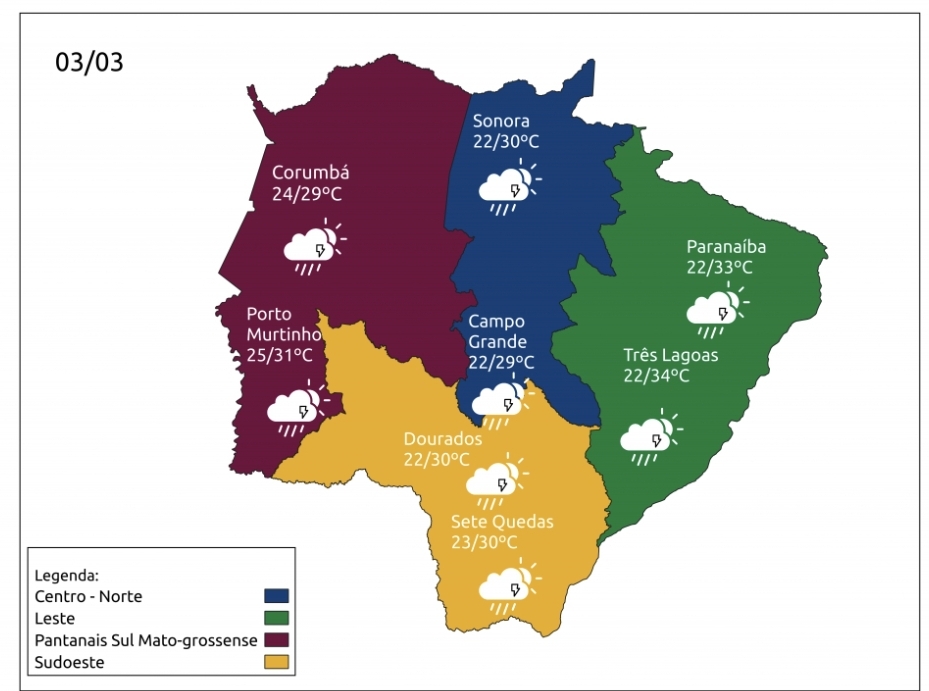 Quinta-feira de tempo instável, com sol entre nuvens e chance de chuva com trovoadas em MS