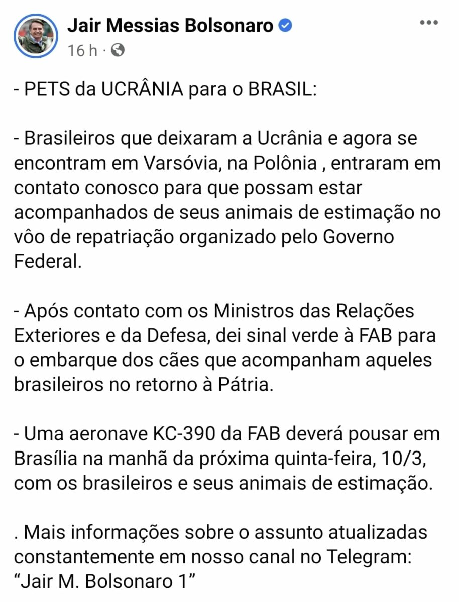 Bolsonaro autoriza FAB a trazer também pets de brasileiros que deixaram a Ucrânia Bolsonaro autoriza FAB a trazer também pets de brasileiros que deixaram a Ucrânia