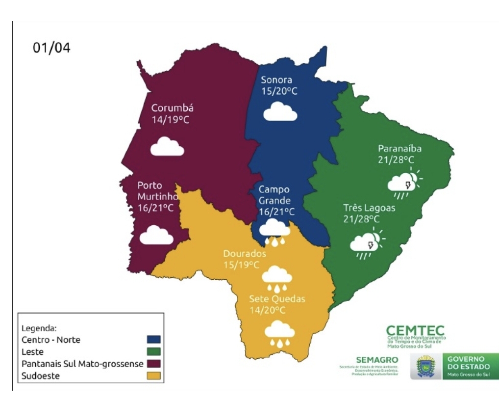 Abril começa chuvoso e frio em MS; temperaturas voltam a subir no sábado a tarde