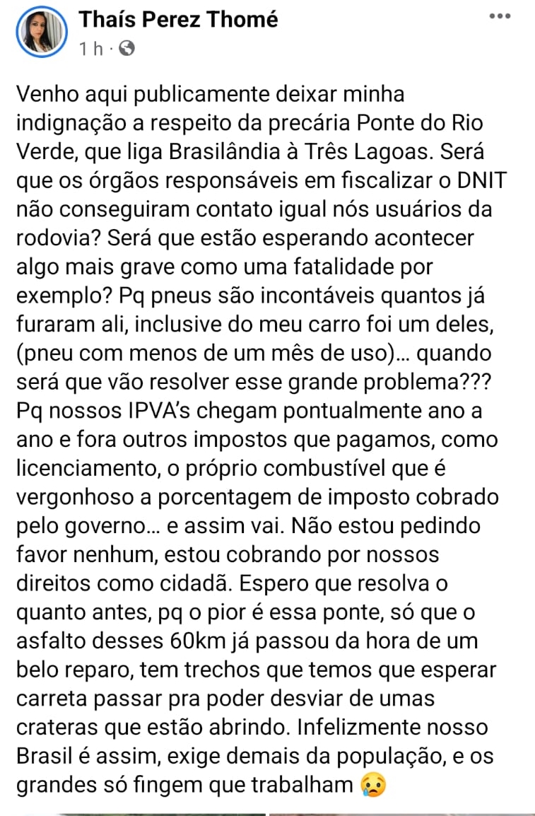 Ponte sob Rio Verde, que liga Três Lagoas à Brasilândia, está esburacada e usuários pedem reparos