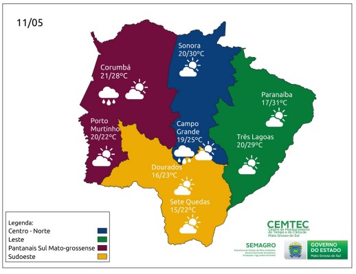 Quarta-feira tem previsão de tempo firme em MS, com possibilidade de chuva em algumas regiões