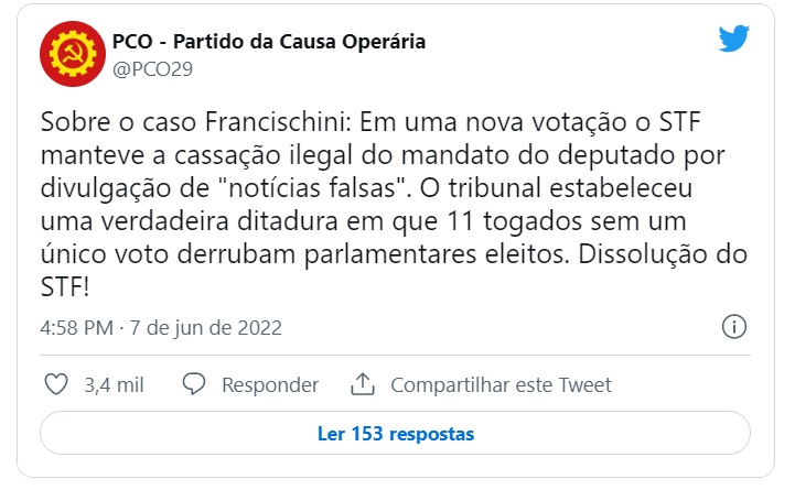 Partido PCO acusa ‘ditadura de togados’ e pede a ‘dissolução do STF’ Partido PCO acusa ‘ditadura de togados’ e pede a ‘dissolução do STF’