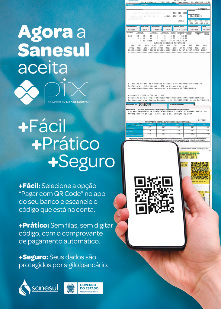 Cliente da Sanesul pode pagar a fatura de água e esgoto via PIX Cliente da Sanesul pode pagar a fatura de água e esgoto via PIX