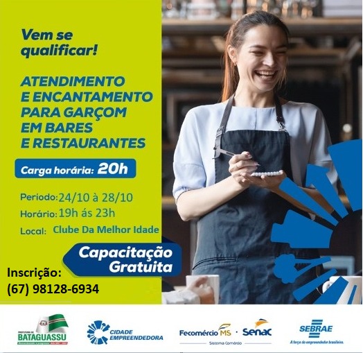 <strong>Bataguassu receberá capacitação gratuita para garçom de Bares e Restaurante</strong>
