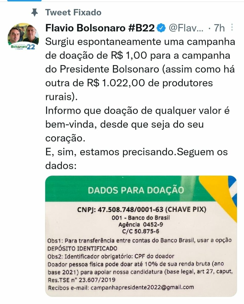 Flávio Bolsonaro confirma que campanha de doação de R$ 1 real é legal Flávio Bolsonaro confirma que campanha de doação de R$ 1 real é legal
