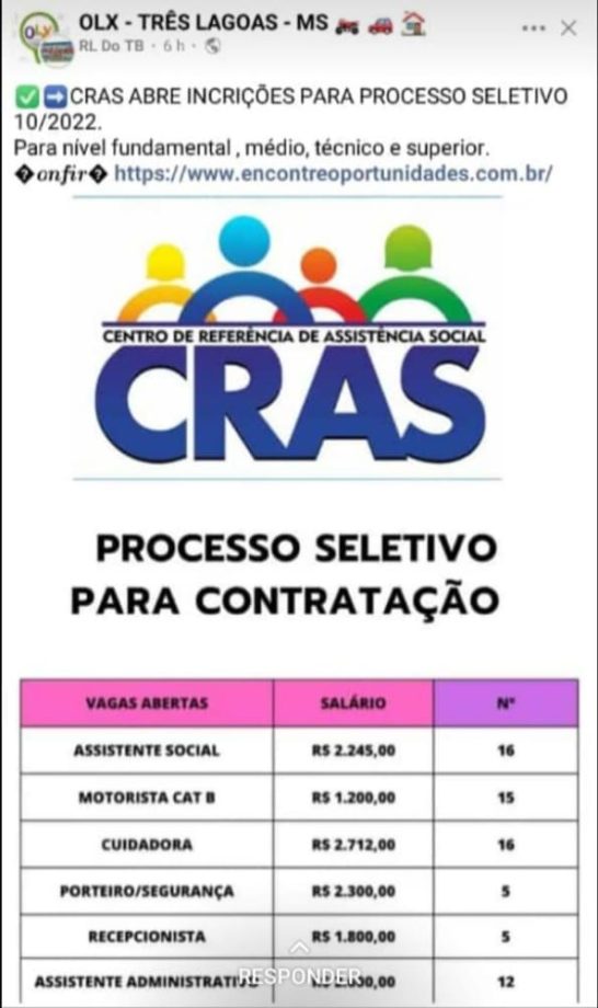 FAKE NEWS – Prefeitura de Três Lagoas NÃO abriu processo seletivo para o CRAS
