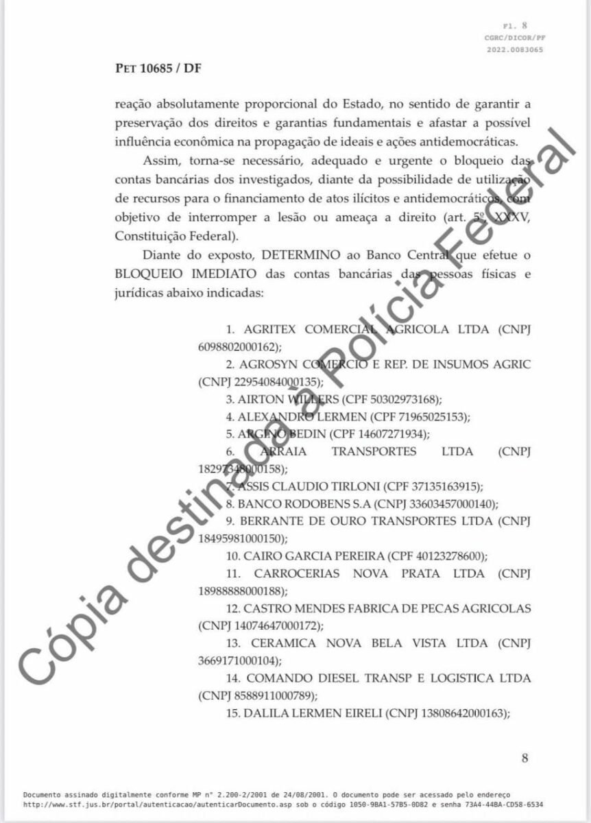 Moraes bloqueia contas de 43 empresas por financiar atos antidemocráticos; veja lista