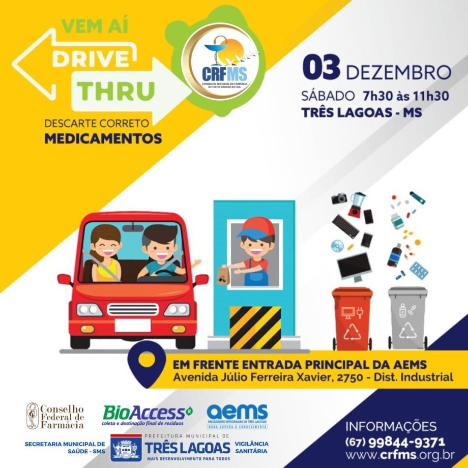 SMS e CRF/MS promovem Drive-thru – Descarte Correto Medicamentos, neste sábado (03), das 07h30 às 11h30