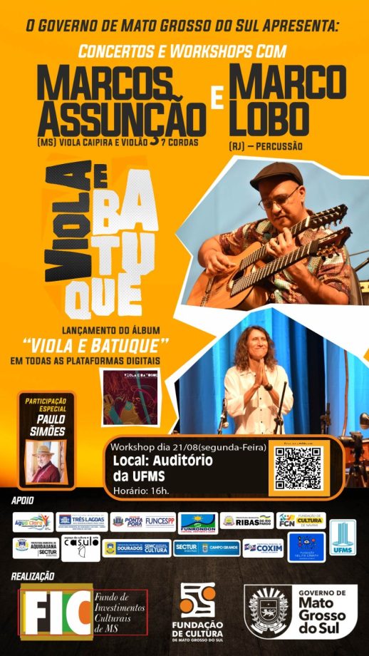 Três Lagoas recebe no dia 21 de agosto Concerto e Workshop gratuito “Viola e Batuque”
