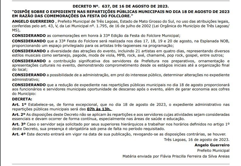 Prefeitura altera horário de expediente nesta sexta-feira (18) devido organização à Festa do Folclore