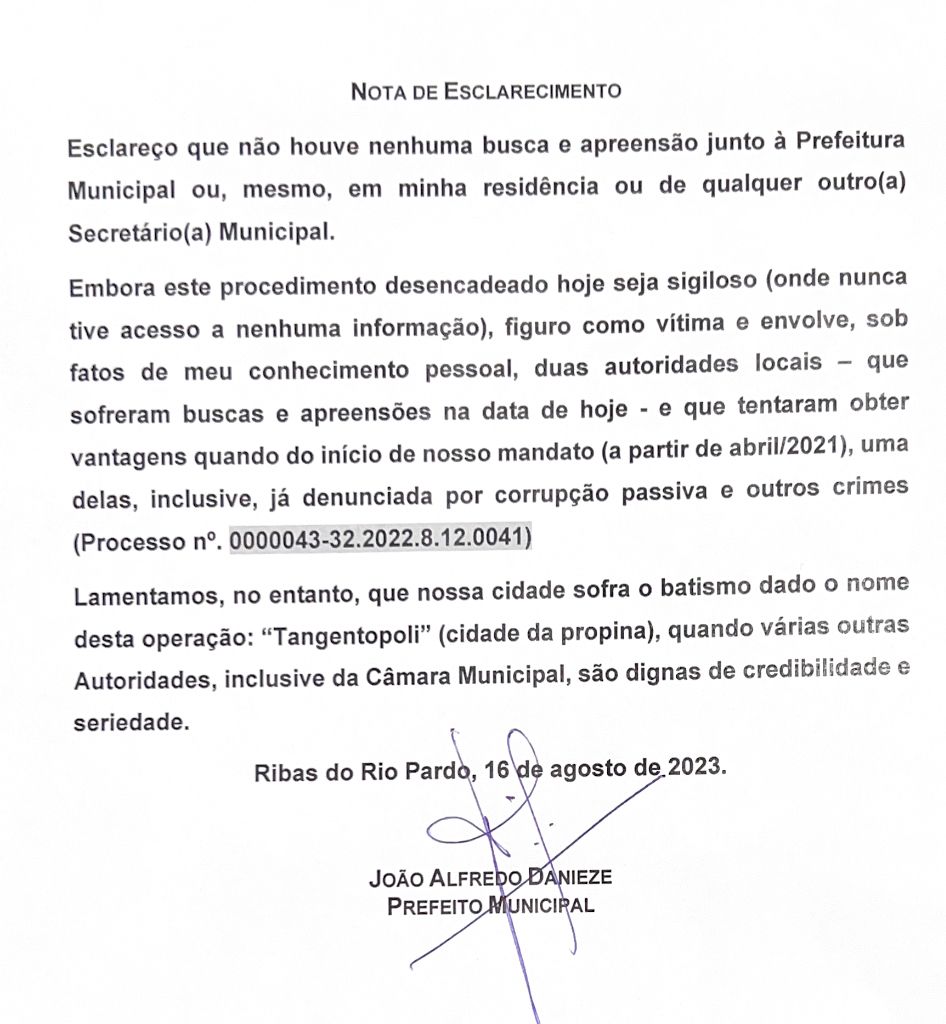 Prefeito de Ribas do Rio Pardo não foi alvo de operação e esclarece ação policial na cidade