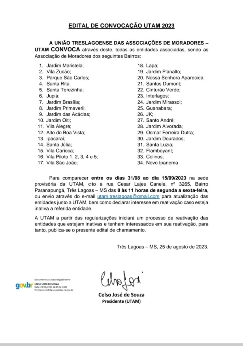 UTAM convoca em editais representantes das associações de 34 bairros de Três Lagoas