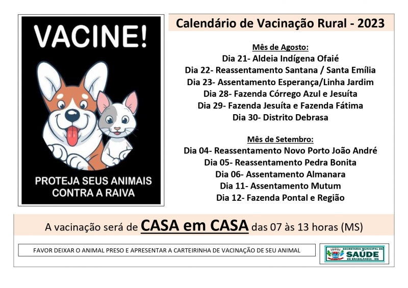 Brasilândia divulga Calendário de Vacinação contra a Raiva nas áreas rurais