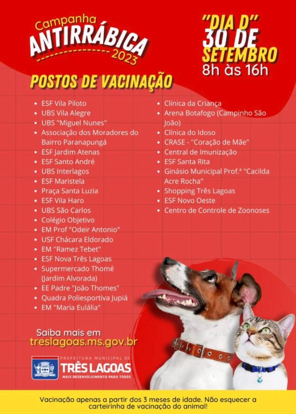 Dia D da Campanha Antirrábica é neste sábado, serão 30 pontos de vacinação no Município