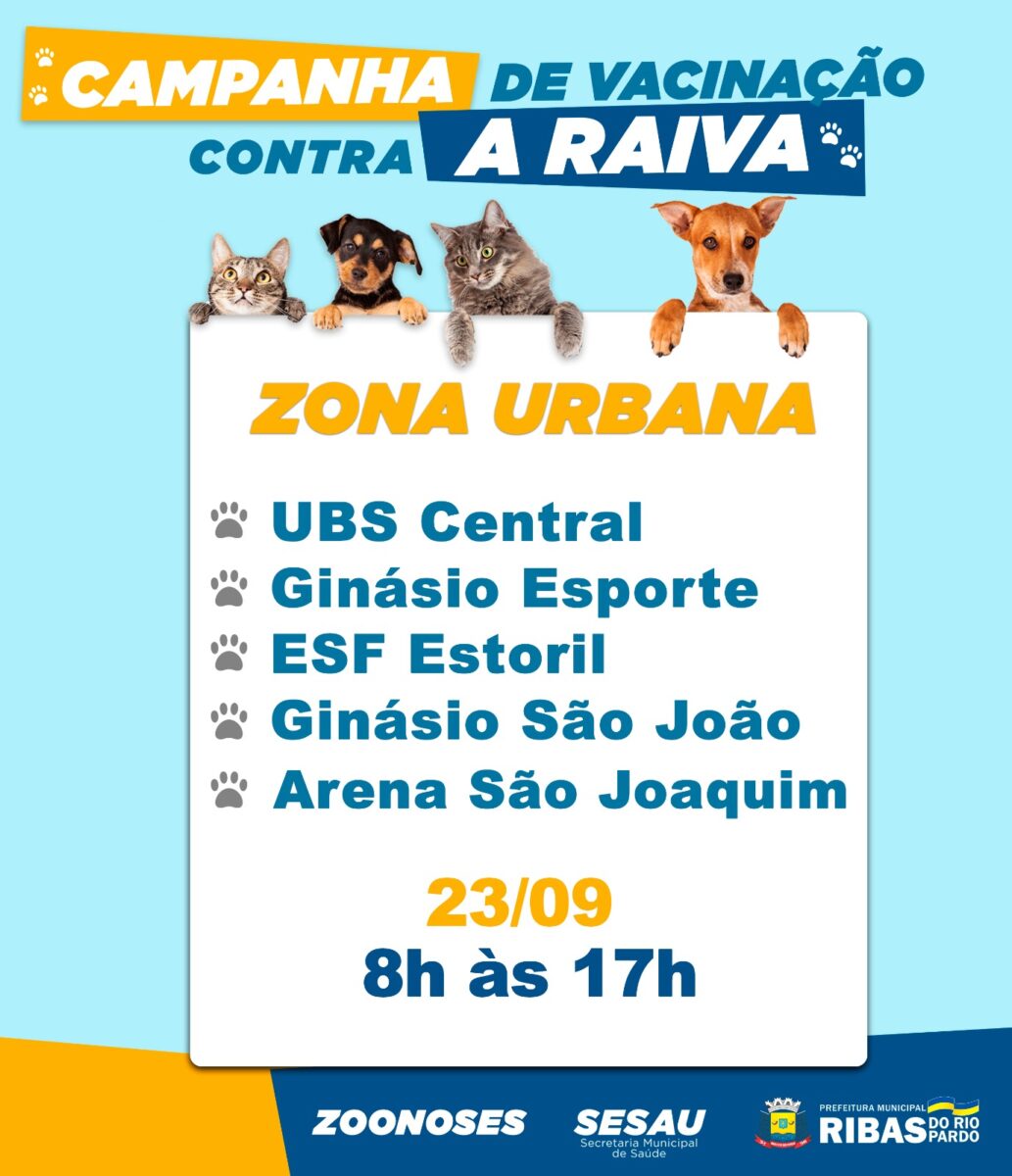 Setor de Zoonoses da Sesau de Ribas do Rio Pardo realizará vacinação antirrábica próximo sábado (23)