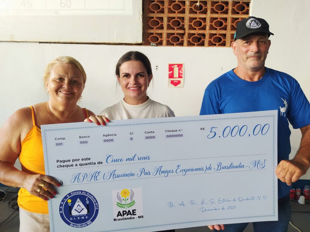 Loja Maçônica Estrela do Ocidente arrecada R$ 10 mil para APAE, Hospital e AVCC em Brasilândia