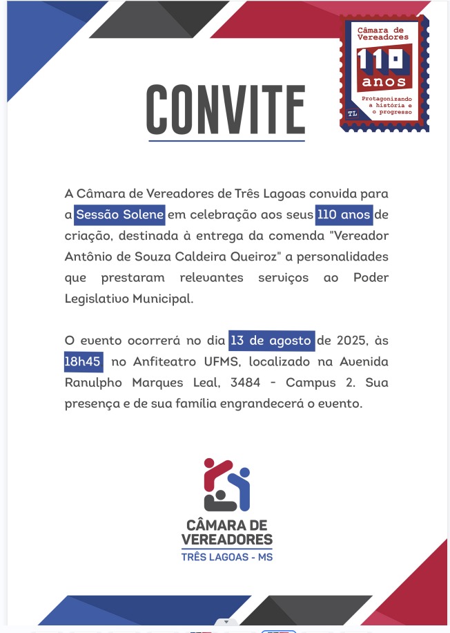 Nova identidade e resgate histórico marcam convite do Presidente da Câmara para solenidade dos 110 anos da instituição