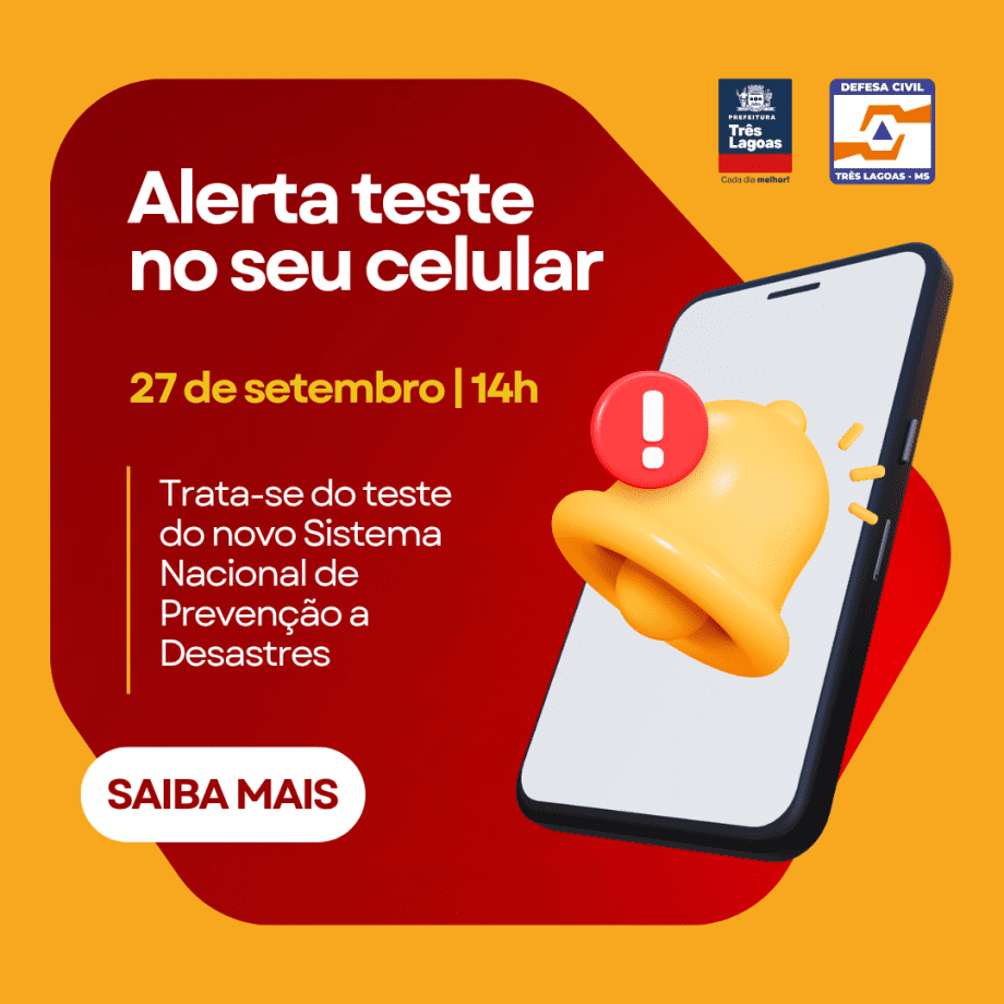 Alerta teste nos celulares de TL do novo sistema nacional de prevenção a desastres será neste sábado (27) às 14h Alerta teste nos celulares de TL do novo sistema nacional de prevenção a desastres será neste sábado (27) às 14h