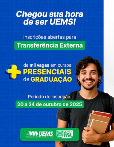UEMS abre inscrições para Transferência Externa em cursos presenciais de graduação; confira o edital UEMS abre inscrições para Transferência Externa em cursos presenciais de graduação; confira o edital