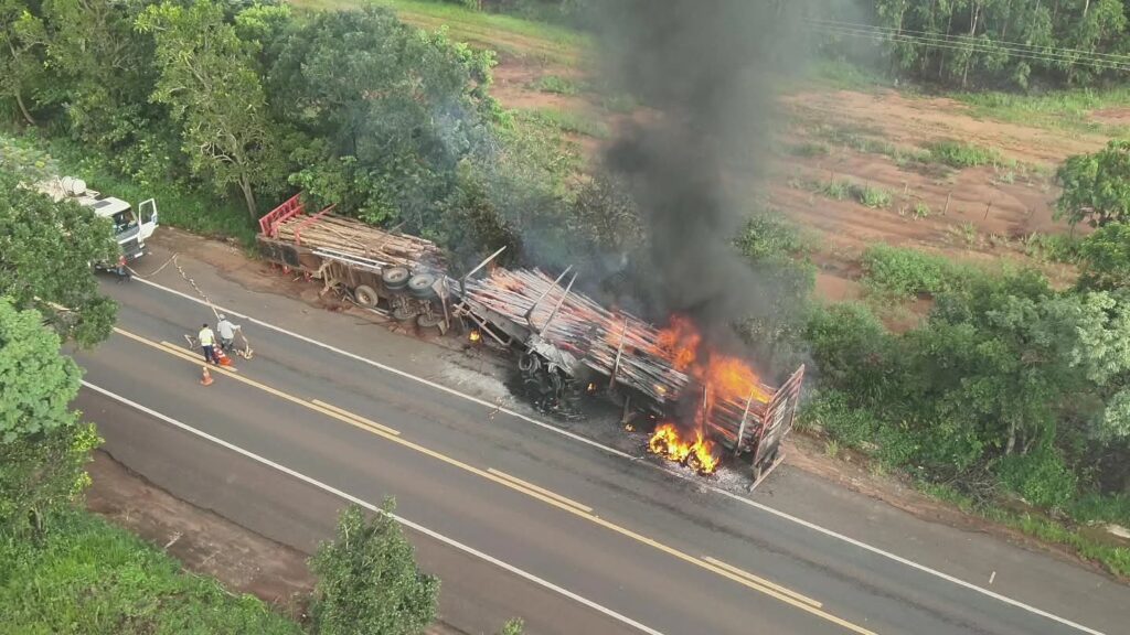 Carreta com carga de eucalipto é atingida por incêndio na BR-262, em Ribas do Rio Pardo